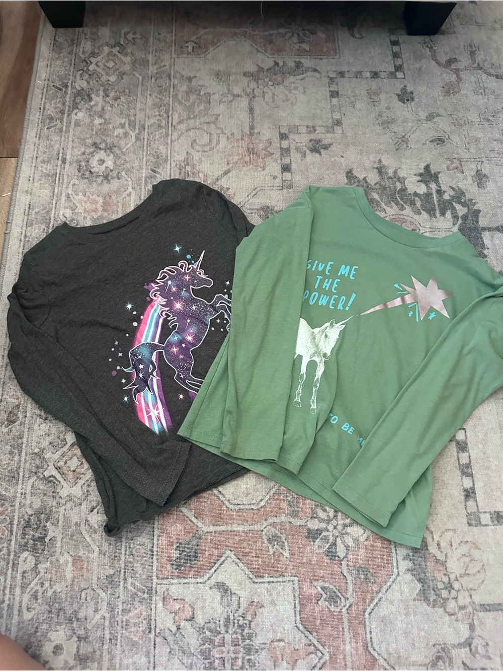 Kids Unicorn Graphic Long-Sleeve Tops - Green and Charcoal